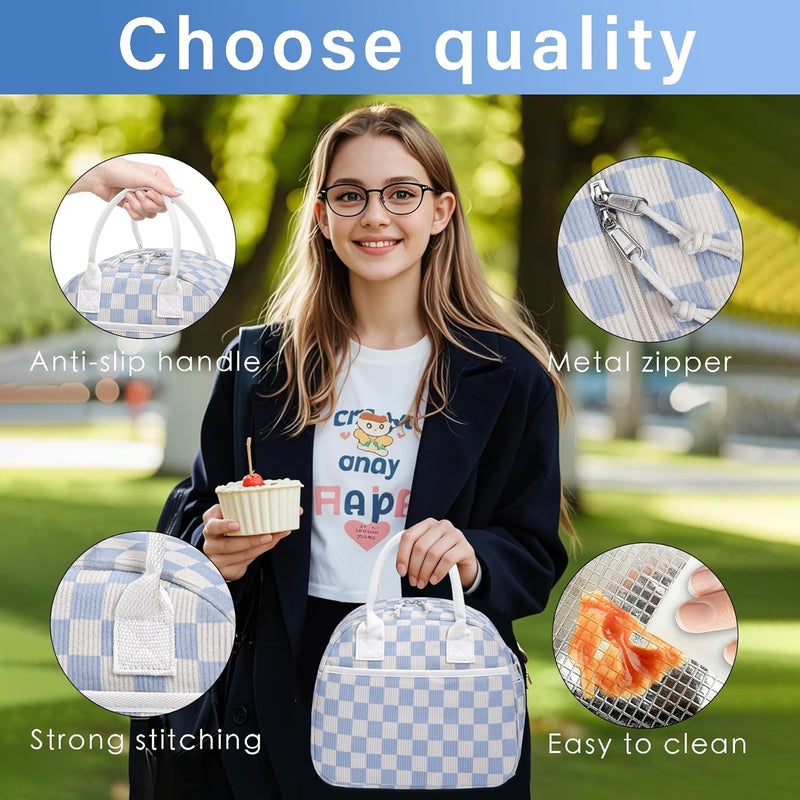 Carry bloom Lunch Box for Women, Insulated Lunch Bag Cute Corduroy Lunchbag Reusable Lunchbox for Work (checkered blue white) - Image 4